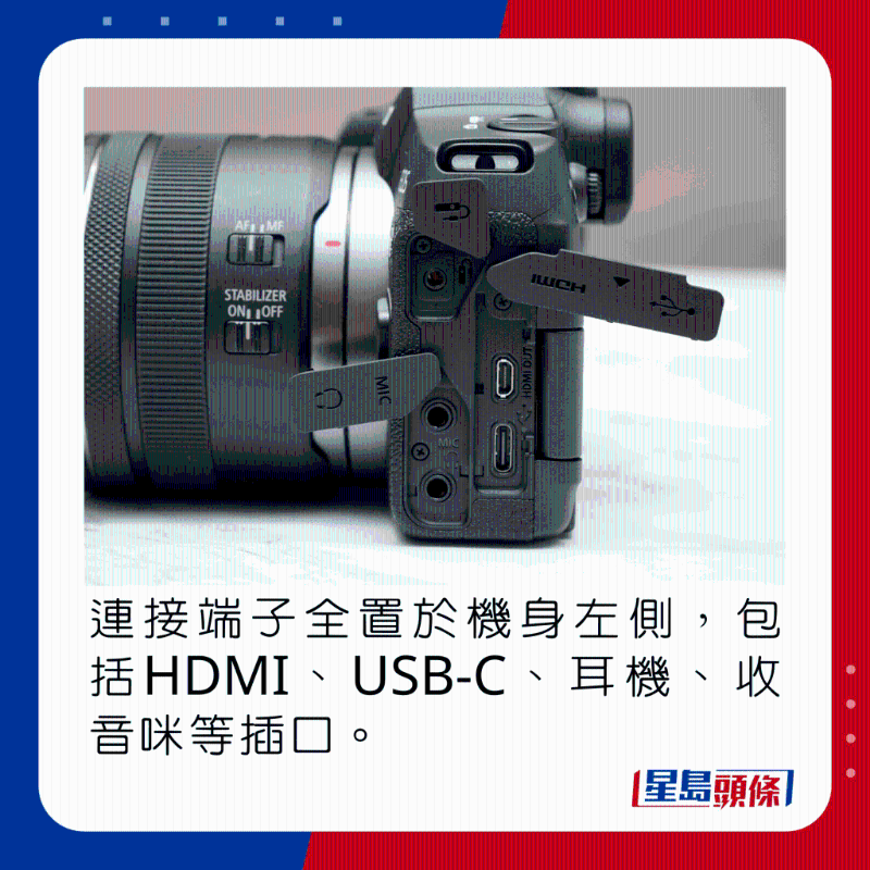 連接端子全置于機身左側，包括HDMI、USB-C、耳機、收音咪等插口。