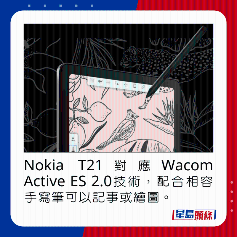 Nokia T21對應Wacom Active ES 2.0技術，配合兼容手寫筆可以記事或繪圖。