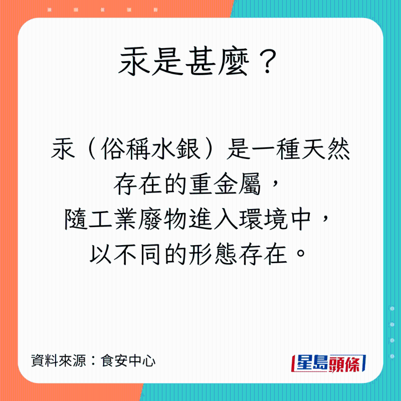 食安中心解釋汞（俗稱水銀）的特性及對人體的影響。