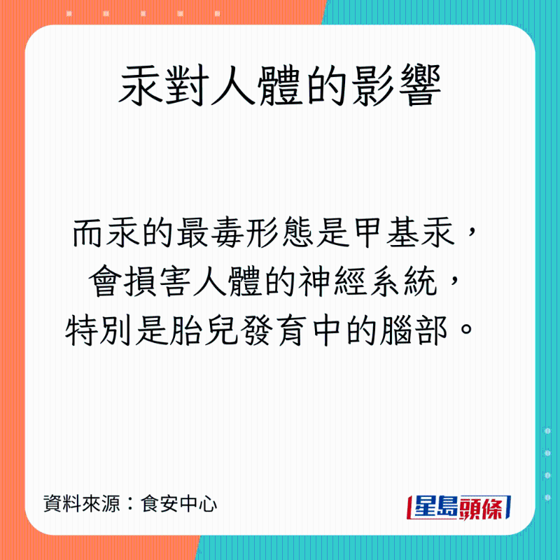 食安中心解釋汞（俗稱水銀）的特性及對人體的影響。