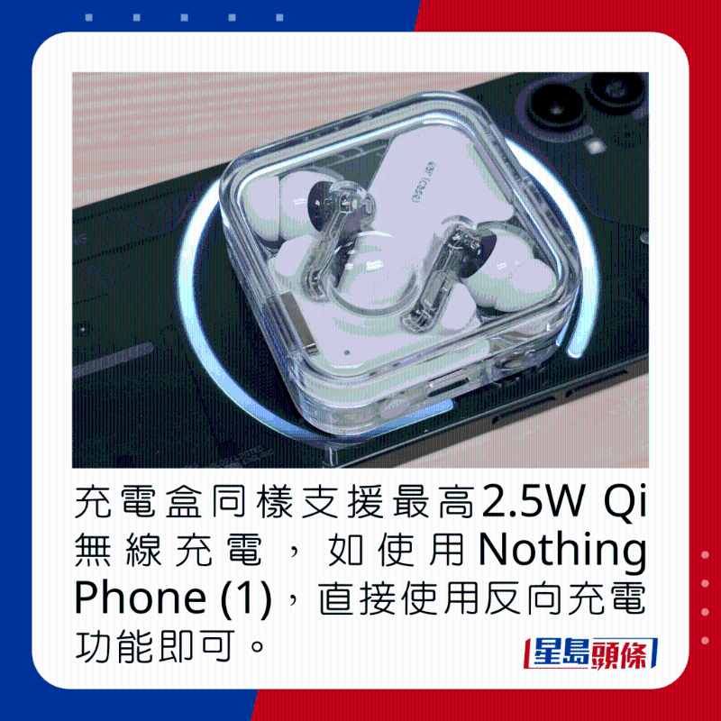 充電盒同樣支援最高2.5W Qi無(wú)線充電，如使用Nothing Phone (1)，直接使用反向充電功能即可。