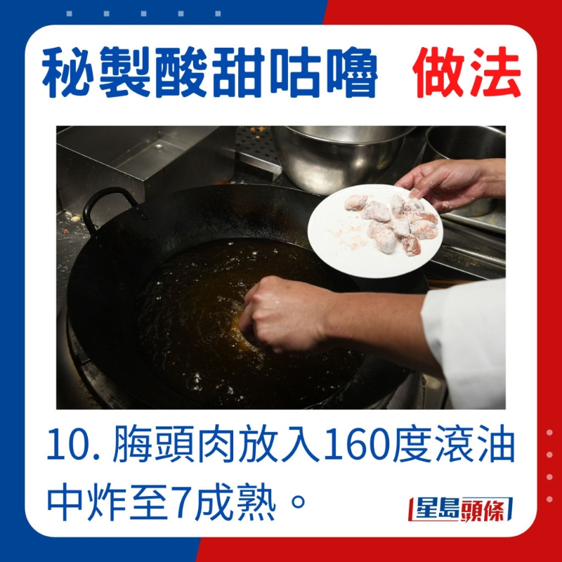 梅頭肉加入160度滾油炸至七成熟