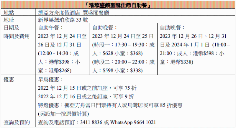 挪亞方舟度假酒店 豐盛閣餐廳—璀璨盛饌圣誕佳節(jié)自助餐—圣誕自助餐原價及優(yōu)惠。