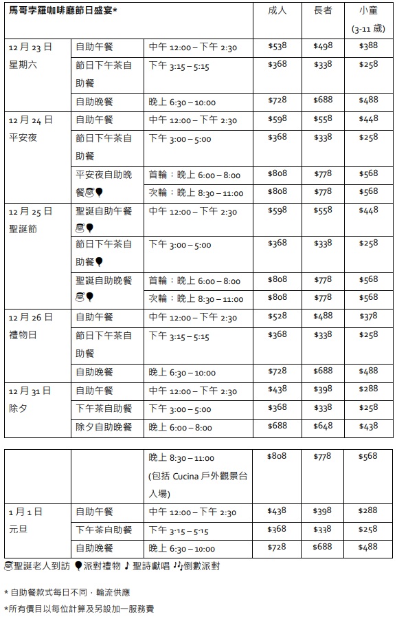 馬哥孛羅香港酒店咖啡廳圣誕自助餐優(yōu)惠：于11月30日前提前預(yù)訂12月24日、25日和31日的節(jié)日自助餐，以及繳付全費，可享85折早鳥優(yōu)惠。